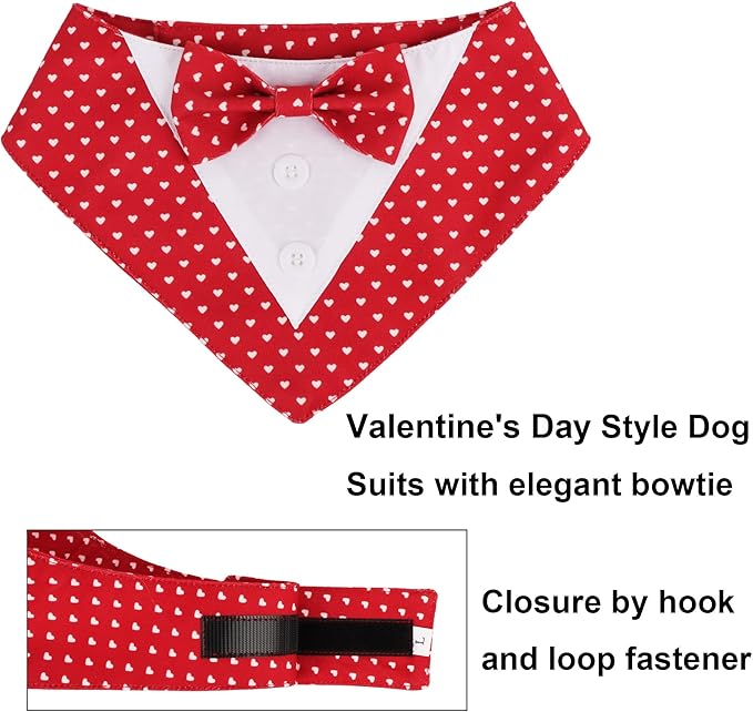 ADOGGYGO Valentine Dog Tuxedo Bandana, Red Heart Pet Tux with Bowtie Adjustable Valentine Costume for Extra Small Dogs Cats (XS)