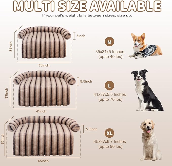 Large Dog Couch Bed, Fluffy Washable Couch Protector for Dogs with Removable Cover, Non-Slip Dog Sofa Bed, 35x31 Inch, Brown