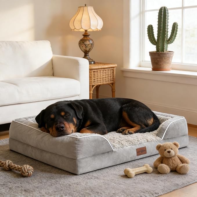 Comfort Expression Orthopedic Dog Bed for Small Dogs 24x16 Inch, Waterproof Egg Crate Foam Small Pet Bed with Removable Bolsters, Dog Couch with Washable Cover & Non-Slip Bottom, Grey White