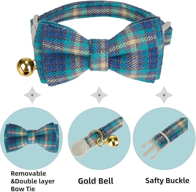 2 Pack Cotton Cat Collar, Removable Bowtie, Plaid Pattern, Safety Breakaway Clasp, Adjustable for Cats.(Adult Cat, Blue and Brown)
