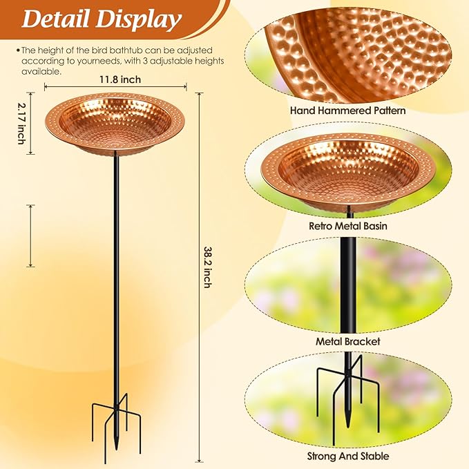Metal Bird Bath Stand for Outdoors Garden, Bird Baths Birdbaths Bowl with Stake, Hand-Hammered Standing Birdbath, 5-Prong Base (Standing Bird Bath)