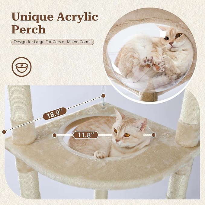 PETEPELA Floor to Ceiling Cat Tree, 92.9''-101.6''Height Adjustable Cat Tower Tall Cat Climbing Play House, Cozy Condo, Scratching Post and Spacious Hammock for Indoor Cats Large Adult, Beige