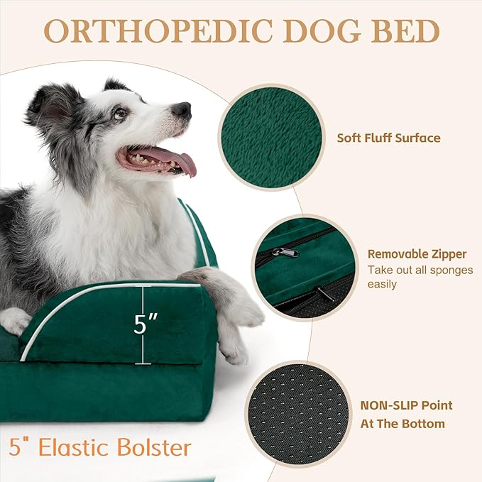 Comfort Expression Orthopedic Dog Bed for Extra Large Dogs 53x42 Inch, Waterproof Supportive Egg Crate Foam XXL Pet Bed with Removable Bolster, Dog Couch with Washable Cover & Non-Slip Bottom, Emerald