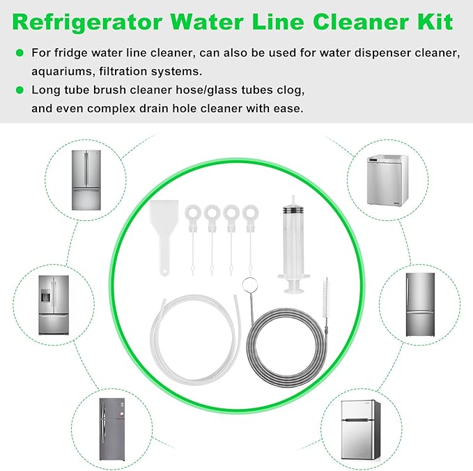 8 PCS Refrigerator Drain Cleaning Tool - Fridge Water Line Cleaner Kit with Long Tube Brush Cleaner, Water Dispenser Cleaning Kit