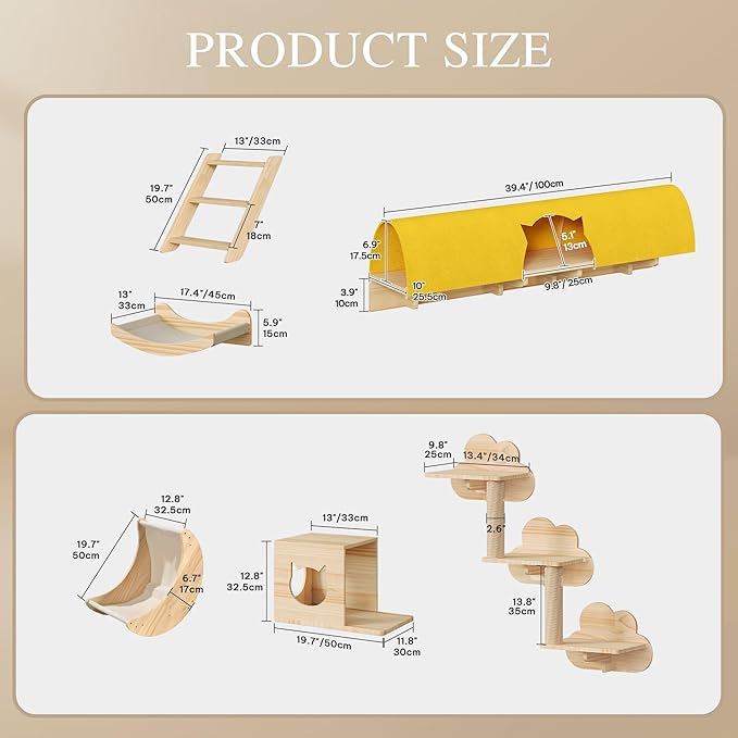 13-in-1 Cat Wall Shelves and Perches, Floating Cat Shelves, Solid Wood Wall Mounted Cat Furniture, Cat Climbing Shelves with Moon Hammock, House, Wall Ladder, Scratching Post and Cat Tunnel