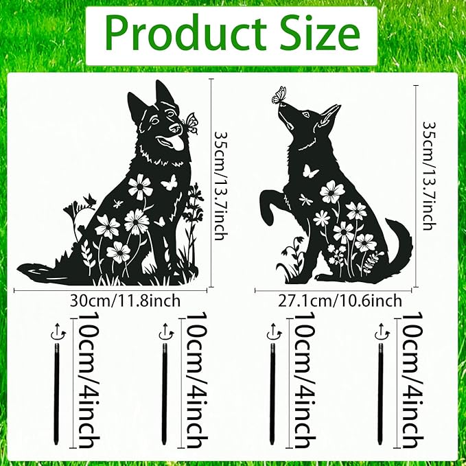 German Shepherd Metal Garden Stakes Yard Decor, 2PCS Black Dog Silhouette Statues Garden Decorative Gifts for Yard Art, Patio, Outside, Lawn Ornaments, Christmas, Backyard