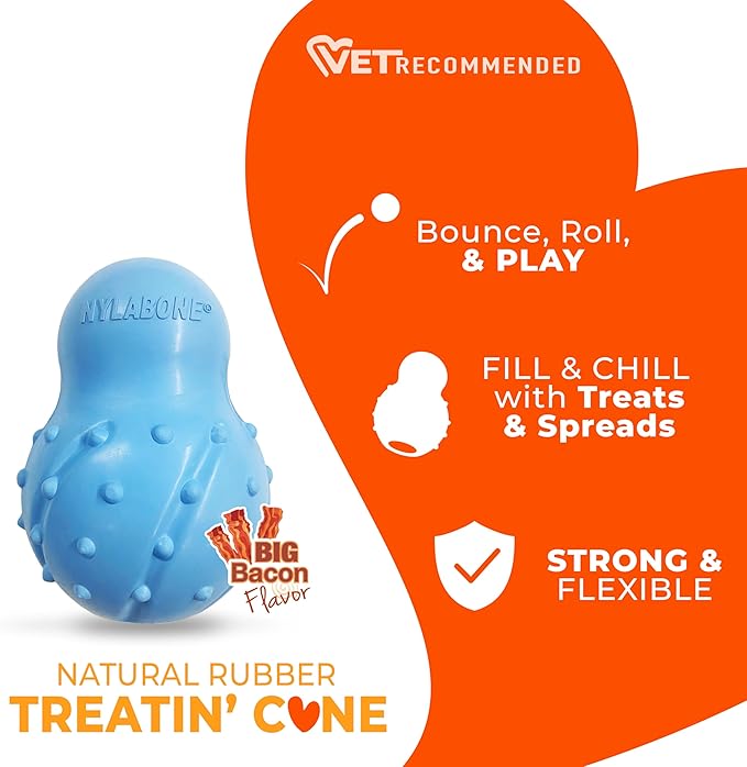 Nylabone Treatin' Cone Strong Stuffable Chew Toy for Dogs, Natural Rubber Fillable Treat Toy, Treat Dispensing Dog Toy, Bacon Flavor, Large Dogs - Up to 50 lbs, 1 Count
