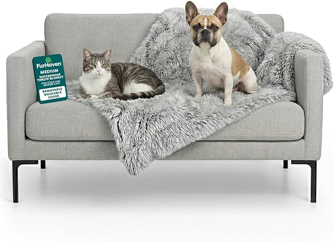 Furhaven Waterproof Throw Blanket for Dogs & Indoor Cats, Washable - Shaggy Plush Calming Long Faux Fur & Velvet Dog Blanket - Mist Gray, Medium
