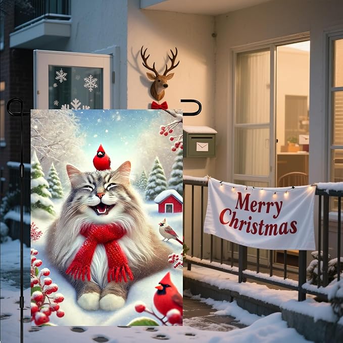 Christmas Garden Flag Cute Cat Red Cardinal Winter Snow Scene Outdoor Yard Flag 12x18 Inch Double Sided Banner For Front Yard Porch Lawn Patio Festive Holiday Seasonal Home Decor