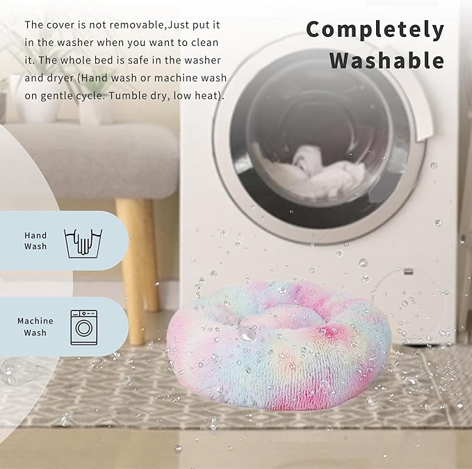 Calming Donut Dogs Beds for Small Dogs Washable,23inch Plush Round Pet Bed for Cozy Sleep,Fluffy Faux Fur Large Cat Bed,Fits up to 25 lbs Pets,Multi Colored
