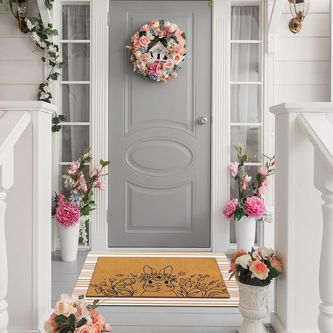 Tinideya 2 Pcs Easter Day Door Mat Welcome Outdoor Non Slip Coir Mats Flower and Bunny Floor Layering Doormats Seasonal for Front Porch Entryway Decor (Easter Bunny)