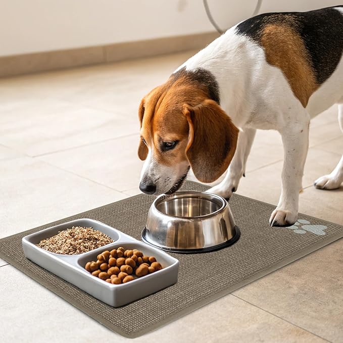 PUPTECK Dog Food Mat, Absorbent Pet Cat Feeding Mat for Food and Water Bowls, Anti-Slip Dog Placemat for Floors Waterproof, Pet Supplies Accessories, Khaki S