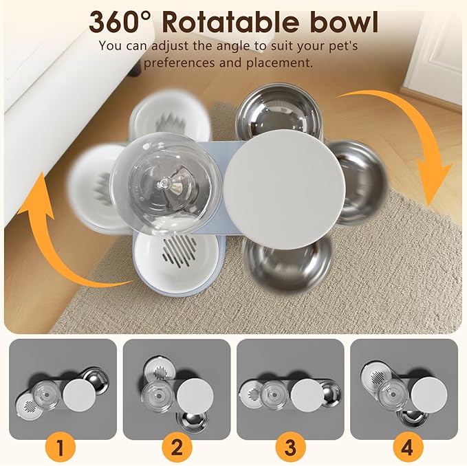 Automatic Gravity Cat Dog Feeder and Water Dispenser with 304 Stainless Steel Bowls 2 in 1 360 Degree Rotatable Auto 2.4L Dry Food and 2.6L Water Bowl for Small Medium Pet Dog Puppy Kitten (Blue)