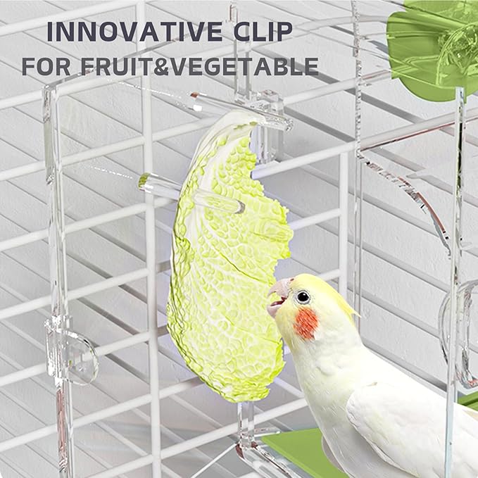 Automatic Bird Feeder, No Mess Bird Cage Feeder with Perch Multi-Functional Holder for Fruits Vegetables for Parakeet Canary Cockatiel Finch (Pink)