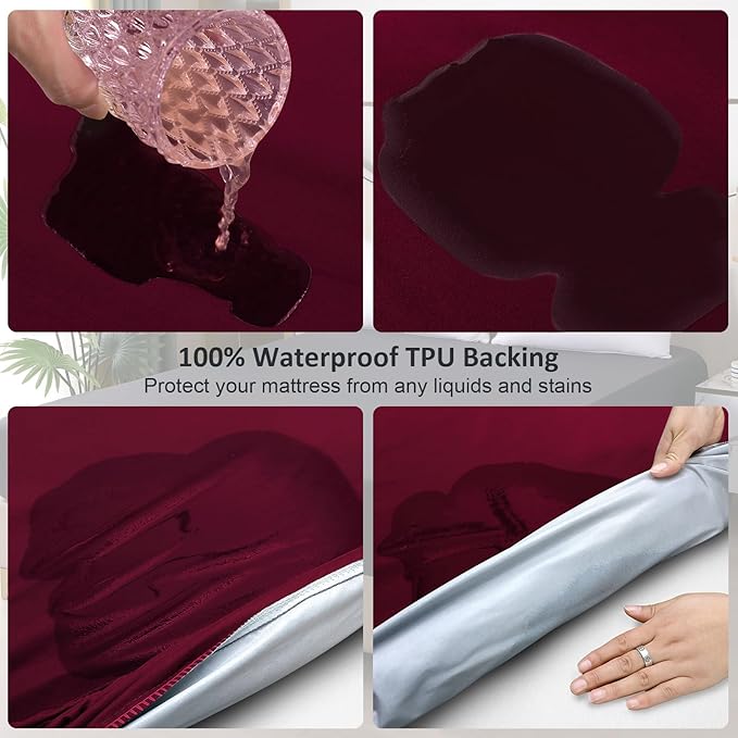 Waterproof Mattress Protector King, Fitted Sheet Style Breathable Mattress Cover with Deep Pocket Fits Up to 18'', Noiseless Bed Cover for Kids Adults Pets, Machine Washable (WineRed, 76'' X 80'')