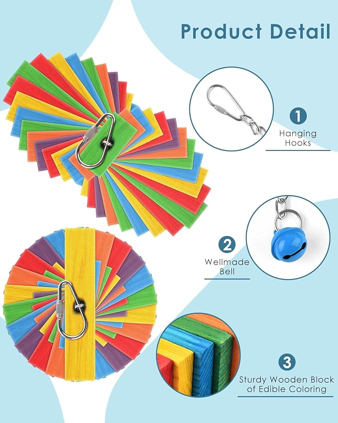 Bissap 2 PCS Bird Chew Toys, Multicolored Bagel Cascade Bird Parrot Chewing Sticks Biting Wooden Blocks Toy for Small Medium Conure Parakeet Cockatiels Lovebird Similar Sized Pet Birds