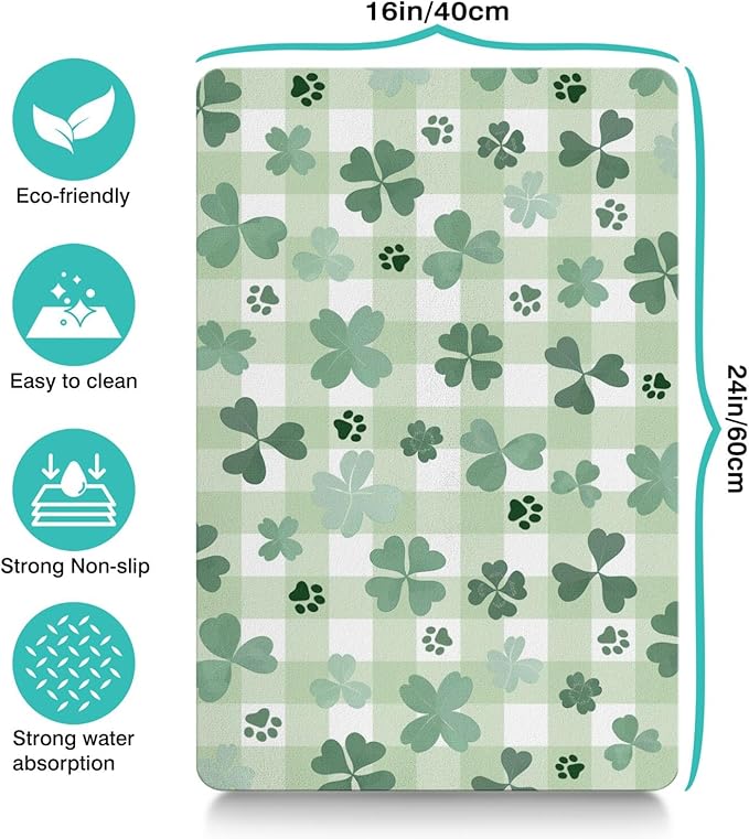 St Patricks Day Dog Food & Water Mat, Green Shamrocks Paw Prints Clover Pet Feeding Mat for Floor Non-Slip Waterproof, Super Absorbent Cat Bowl Mat, Easy to Clean Pet Placemat,16" × 24"