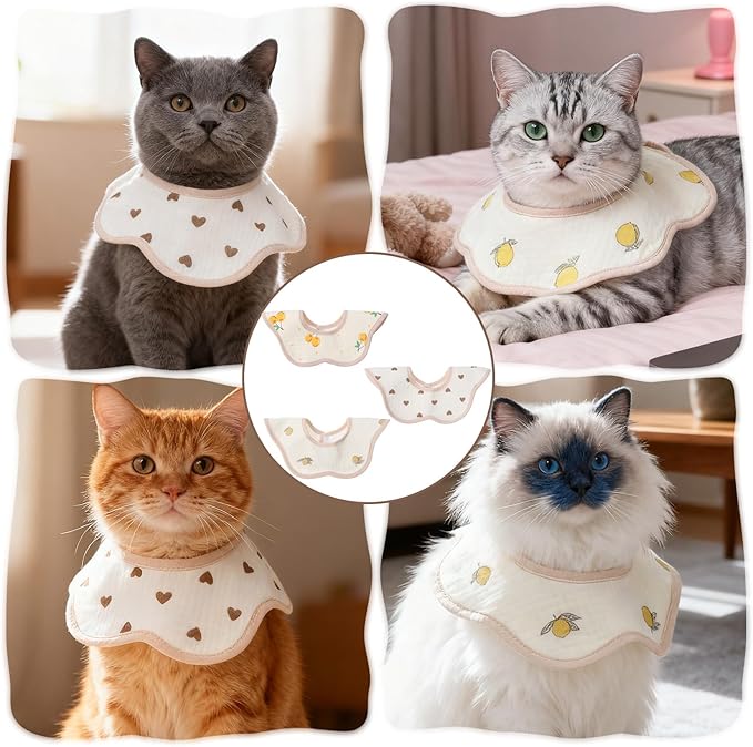 3Pcs Cat Collar Adjustable Kitten Collar Bandana with Cute Pattern 100% Cotton Pet Scarf Cute Breakaway No Bell Outfits Cat Collars for Girl Boy Cats and Small Pet (Beige)