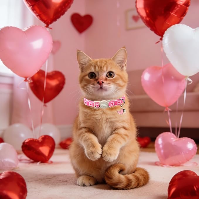 Unique Style Paws Pink Kitten Collars,Cute Valentine Cats Collar with Bell,Kitten Collar Breakaway Buckle with Heart Pattern,Adjustable Valentine Cat Collars,Ideal Gift for Boy Girl Cats