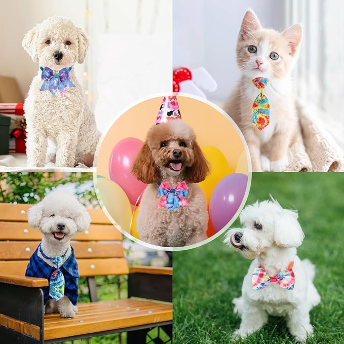 Reginary 100 Pieces Dog Bow Tie Collar Set Include 40 Dog Neckties, and 30 Puppy Bowties, 30 Collar Flowers, Adjustable Pet Ties Grooming for Small Medium Cats Pets Supply(Tie-dye)