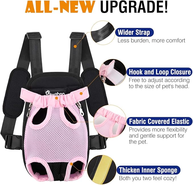 Pawaboo Pet Carrier Backpack, Adjustable Pet Front Cat Dog Carrier Backpack Travel Bag, Legs Out, Easy-Fit for Traveling Hiking Camping for Small Medium Dogs Cats Puppies, Small, Pink