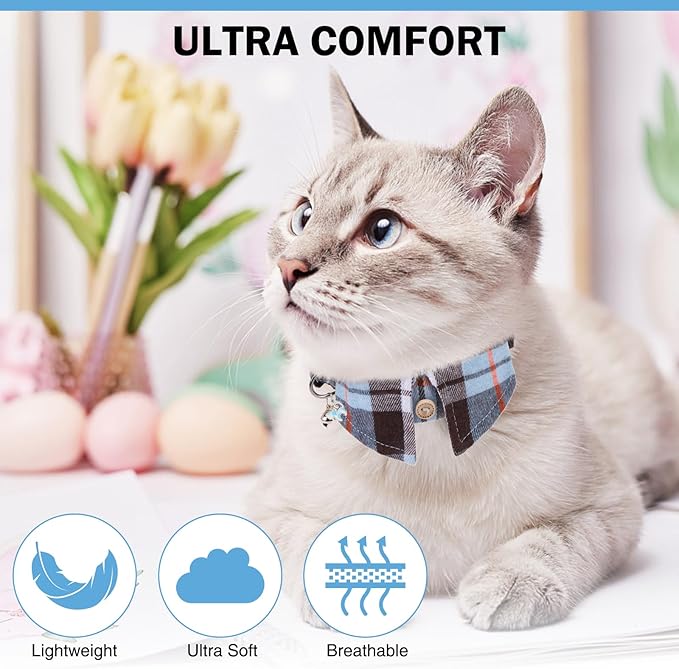 Cat Collar with Bells Breakaway, Shirt Cat Collar for Girl Boy Cats with Removable Bow Tie Collar, 2 Pack Cute Plaid Kitten Collar Bowtie for Female Male Puppy Pets Safety Adjustable