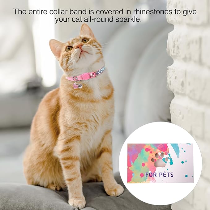 Rhinestone Cat Collar Breakaway with Bell, Diamond Cat Collar with Safety Buckle Quick Release for Girl Boy Small Kitten Pets Puppy,Cute Soft Female Male Cat Collars, Colorful Pink 8-12"