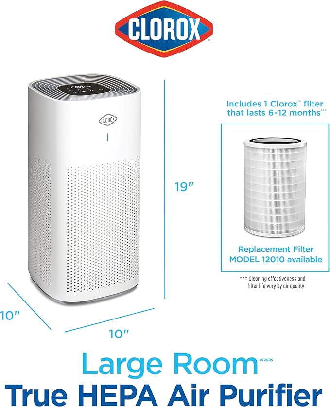 Clorox HEPA Air Purifiers for Home, True HEPA Filter, XL Rooms Up to 2,200 Sq Ft, Removes 99.9% of Mold, Viruses, Wildfire Smoke, Allergens, Pet Allergies, Dust, AUTO Mode, Whisper Quiet