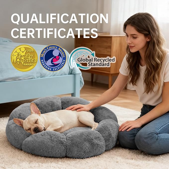 OhGeni 24 inches Calming Donut Dog & Cat Bed for Small Pets, Warming Comfort Fluffy Short Pile Fur, Durable Machine Washable, Cute Round Bed for Puppy and Kitten, Dark Gray