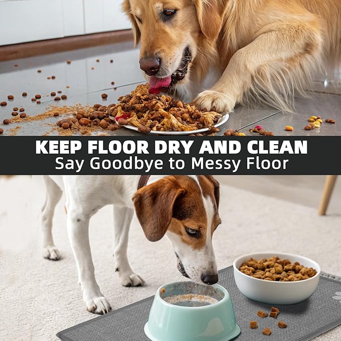 PUPTECK Dog Food Mat, Absorbent Pet Cat Feeding Mat for Food and Water Bowls, Anti-Slip Dog Placemat for Floors Waterproof, Pet Supplies Accessories, Grey Paw S