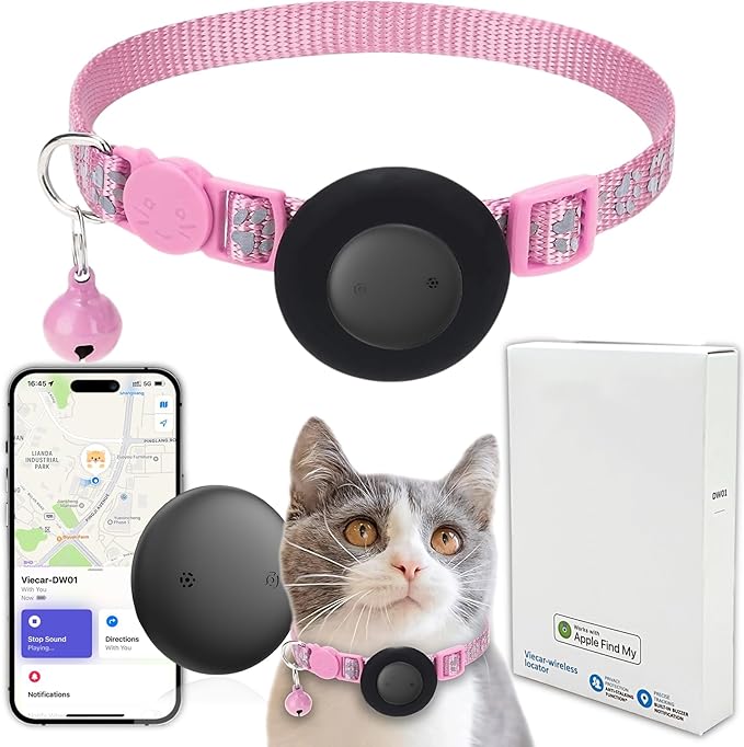 GPS Tracker for Cats, Mini GPS Pet Tracker, IPX8 Waterproof Cat Trackers,No Monthly Fee,Work with Apple Find My(iOS Only),Smart Trackers for Pets-Pink-4