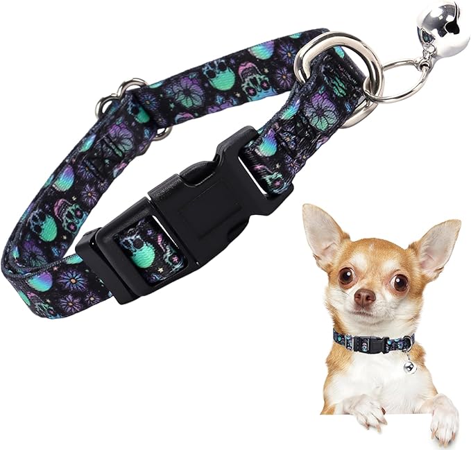 XS Dog Collar with Bell - Soft Adjustable Nylon Collar for Small Breeds, Skull Pattern Collar for Chihuahua Pomeranian Yorkie, Lightweight & Comfortable for Tiny Dogs (XS)