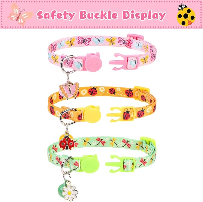 Breakaway Cat Collars with Bell & Cute Pendants, 3 Pack Safety Buckle Kitten Collars, Adjustable Pet Collar Ideal for Girl Boy Cats Puppy (Style A - Insect)
