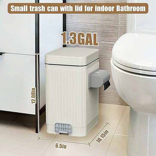 Dog Poop Trash Can for Outside & Indoor, 5L/1.3Gal Small Odor Control Pet Waste Bin with Carbon Filter, 2-Way Open (Step & Press Top), Dog Waste Container with Trash Bag Holder, White