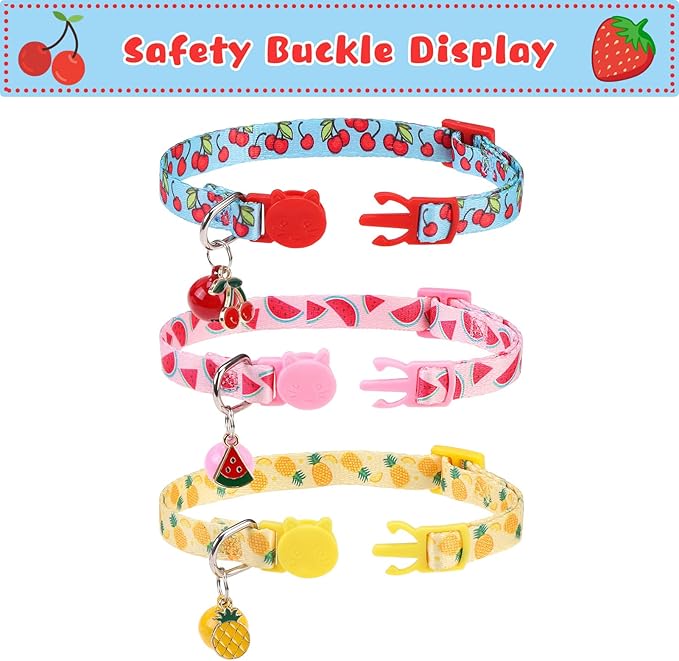 Breakaway Cat Collars with Bell & Cute Pendants, 3 Pack Safety Buckle Kitten Collars, Adjustable Pet Collar Ideal for Girl Boy Cats Puppy (Style A - New Fruit)