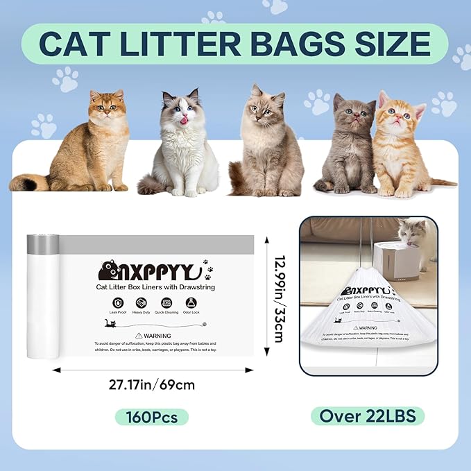 160 Count Cat Litter Box Liners for Litter Box Robot 4/5, Cat Litter Bags for Automatic Litter Box, 10-12 Gallon Heavy Duty Waste Bags with Drawstrings, 25.19" x 15.7" (Black)