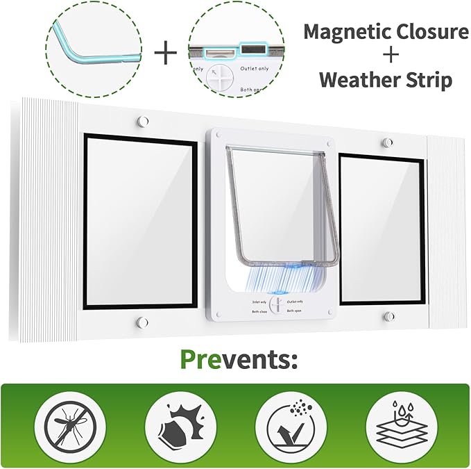 Aluminum Frame Window Cat Door with Magnetic Auto Closure, Horizontal Adjustable Width Quick-Fit Pet Door for Window Insert, Suitable for Most Medium Cats & Small Dogs