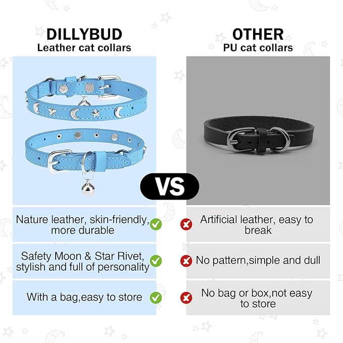 Leather Cat Collars for Boy Girl Cats with Bell and Safety Elastic Belt, Personalized Star and Moon Stud Adjustable Safe Buckle Collar for Kitty Small Big Cats Size 7-9 Inch, Light Blue