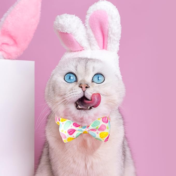 2 Pack Easter Cat Collar with Bowtie Adjustable Cute Kitten Collars for Easter Holiday Bunny and Egg Design with Decorative Charms