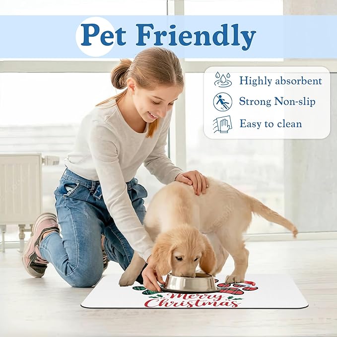 Dog Christmas Dog Food Mat–Christmas Stocking Absorbent Quick Dry Feeding Placemat for Food and Water Bowls, Non Slip Rubber Backing, Waterproof Pet Supplies for Mess-Free Eating 16"x24"