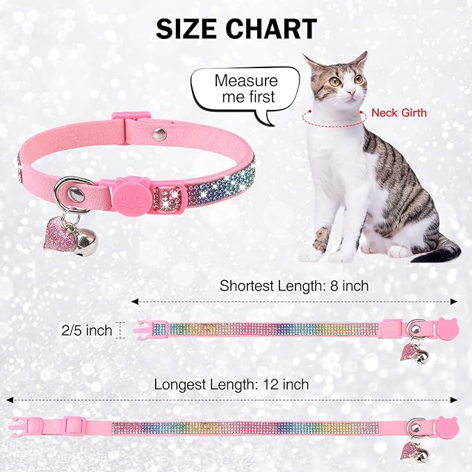 Rhinestone Cat Collar Breakaway with Bell, Diamond Cat Collar with Safety Buckle Quick Release for Girl Boy Small Kitten Pets Puppy,Cute Soft Female Male Cat Collars, Colorful Pink 8-12"
