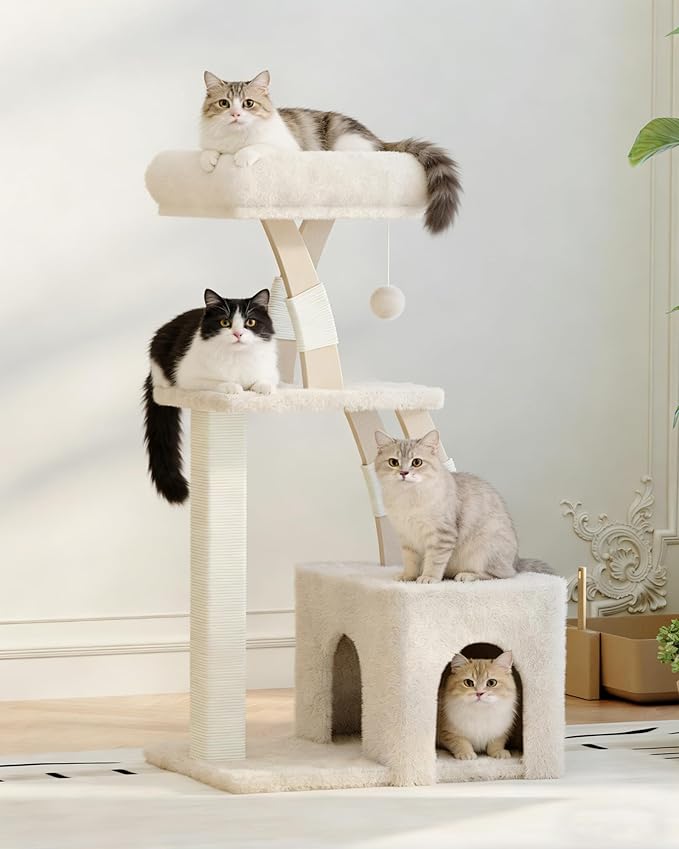 Cat Tree for Indoor Cats,40 Inches Cat Tower with Cozy Condo, Scratching Posts, Multi-Level Activity Center for Large Cats and Kittens, Beige