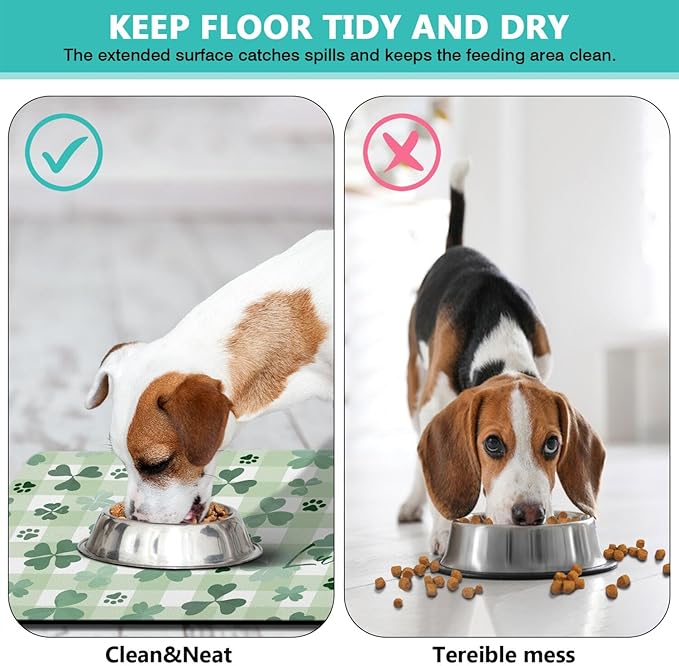 St Patricks Day Dog Food & Water Mat, Green Shamrocks Paw Prints Clover Pet Feeding Mat for Floor Non-Slip Waterproof, Super Absorbent Cat Bowl Mat, Easy to Clean Pet Placemat,16" × 24"