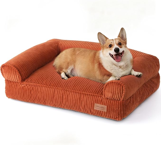 FUKUMARU Cute Dog Bed, Waterproof Corduroy Dogs Couch, 36in Orthopedic Pet Sofa for Medium to Large Dogs Dog, Warm Cotton Pet Bed with Washable Cover, Orange