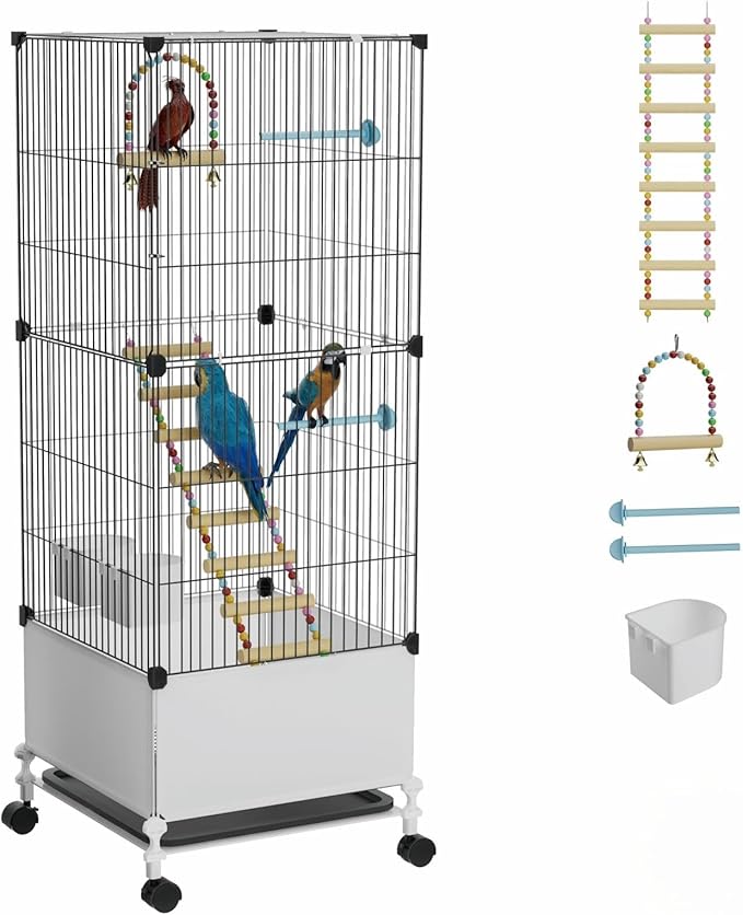 Medium Flight Bird Cage, Black Parakeet Cages with Rolling Stand & Wheels, Wide Birdcage for Parrots Cockatiels Conure Budgie Canary Finch Lovebird