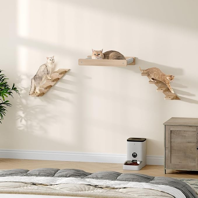 HOOBRO Cat Wall Shelves Set of 2, Wood Wall Mounted 4-Level Cat Wall Steps, Cat Wall Climber Furniture, Cat Climbing Shelves with Jute Scratching Steps, for Cat Perches and Platforms, Nature NL42CS03