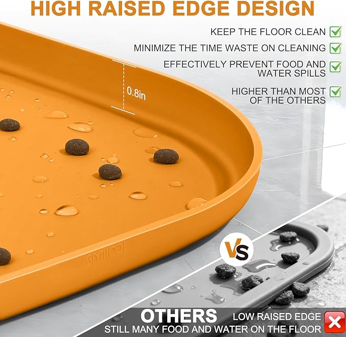 Silicone Pet Food Mat with Raised Edge for Food and Water Bowl, Dog Feeding Mats, Cat Food Trays for Floor Waterproof, Rubber Tray for Dogs and Cats, 24 x 16 x 0.8 Orange