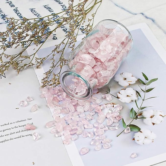JOHOUSE Rose Quartz Crystals, 1lb Pink Crushed Rose Quartz Chips Bulk Tumbled Stones Irregular Shaped Succulent Pebbles Decorative Rocks for Aquarium Fish Tank Vase Filler DIY Crafts Indoor Plants