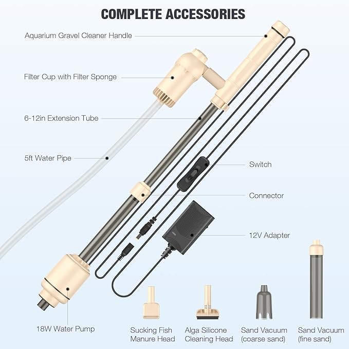AKKEE Aquarium Vacuum Gravel Cleaner: 18W Gravel Vacuum for Fish Tank with Strong Suction for Automatic Change Water, Remove Dirt Wash Sand Water Shower and Water Circulation, Beige