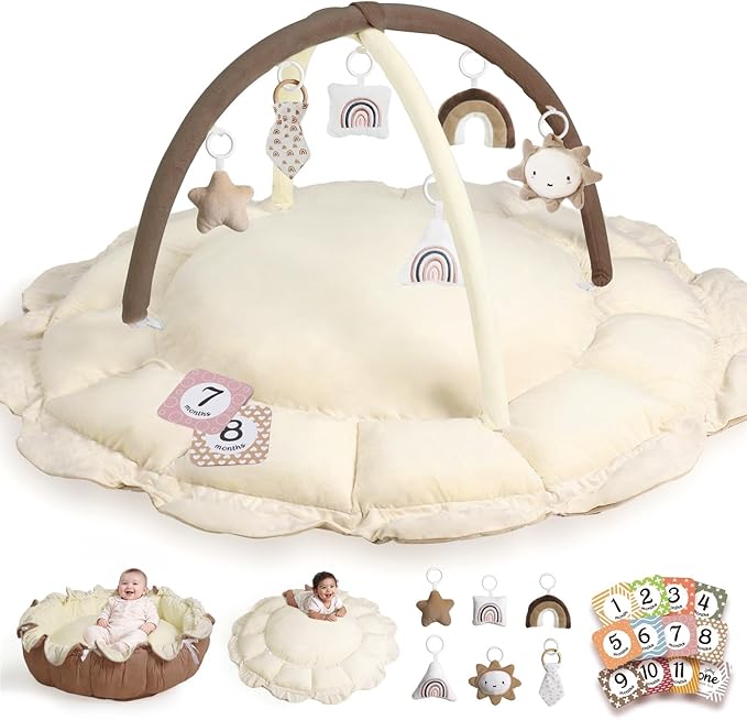 Little Dove 5-in-1 Convertible Baby Play Gym with 6 Toys, Tummy Time Mat for Sensory Development, Baby Activity Center for Newborn & Toddler, Ball Pit, Soft Pet Mat, No Ball Included Brown